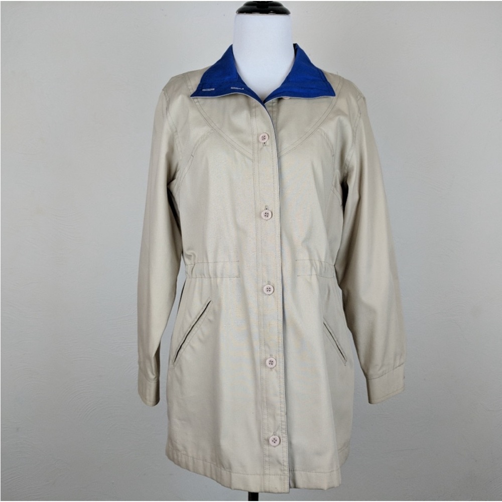 London Fog Coat Jacket Beige Blue Collared Anorak Fall Spring Classic Neutral